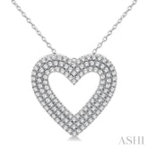 3/8 ctw  Heart Shape Triple Row Round Cut Diamond Fashion Pendant With Chain in 14K White Gold